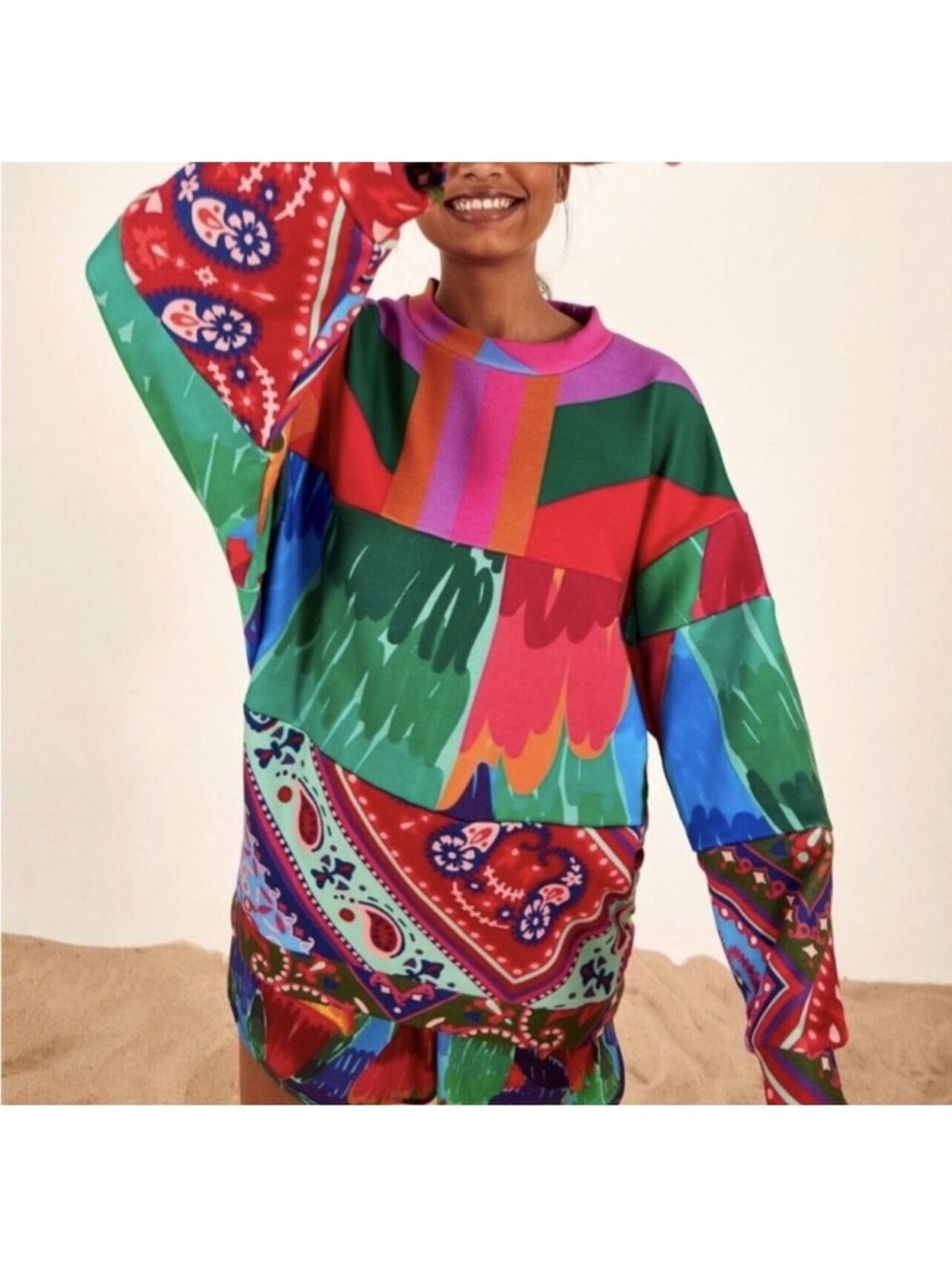 FARM RIO Women’s Mixed Red Prints Oversized Pullover Sweatshirt S